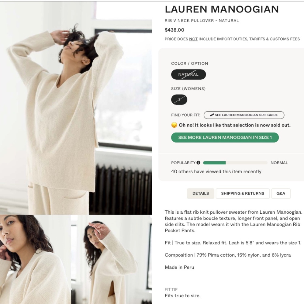 LAUREN MANOOGIAN Rib V Neck Pullover Boxy High Low Cropped Back Hem Iconic 2 M - Picture 6 of 16